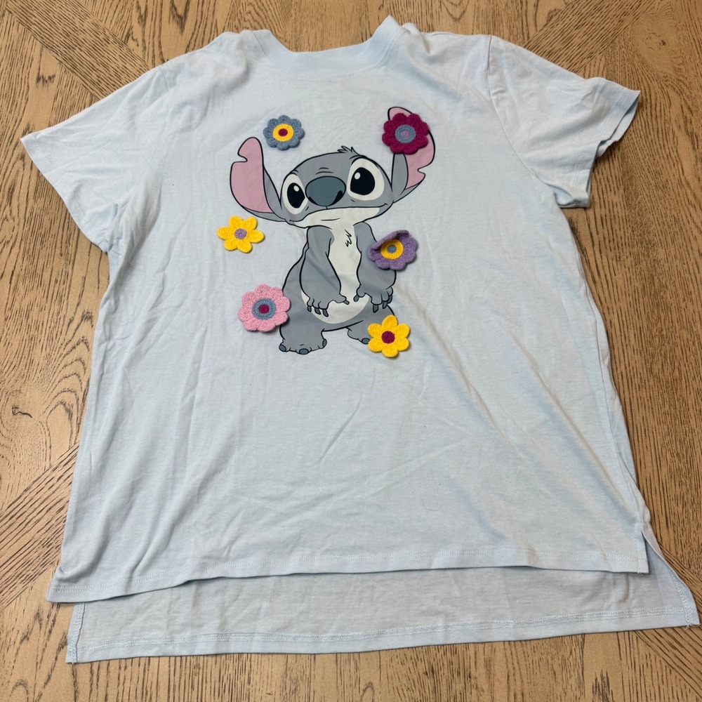 Disney Women's Size Medium Stitch Light Blue T-Shirt with Crochet Flowers